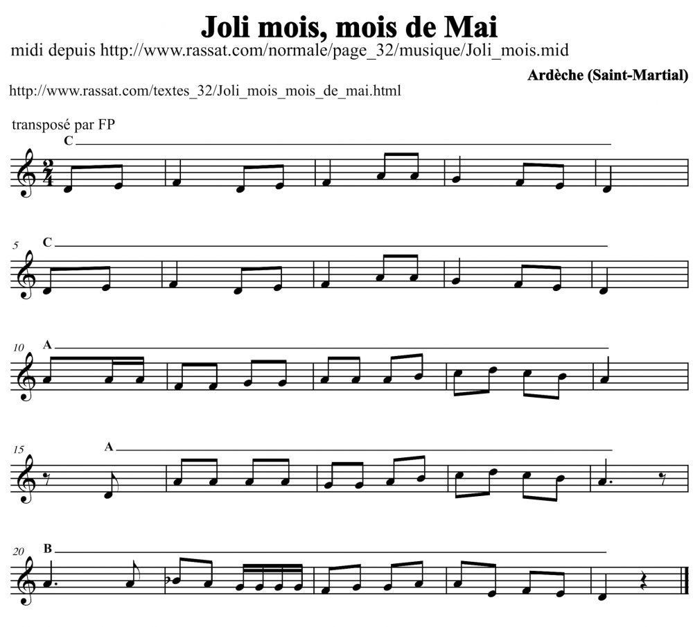Exemple musical 11 « Joli mois de Mai » forme (Picard) sur ré