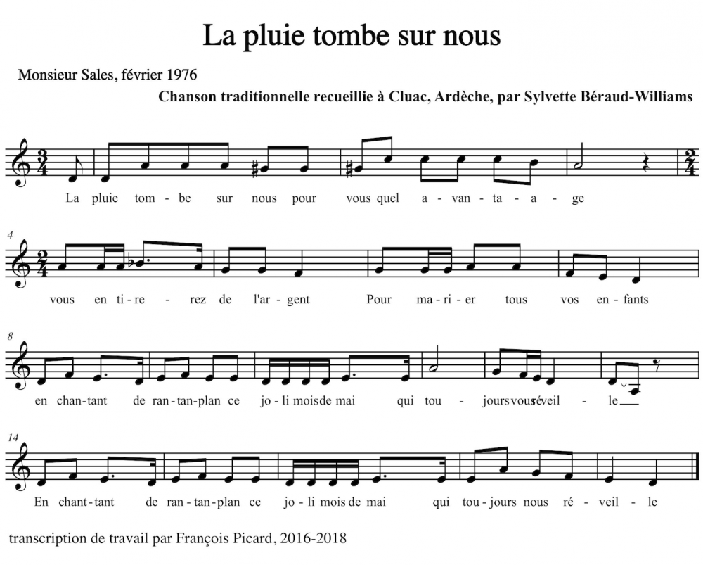 Exemple musical 6 « La pluie tombe sur nous » transcription analytique, sur ré