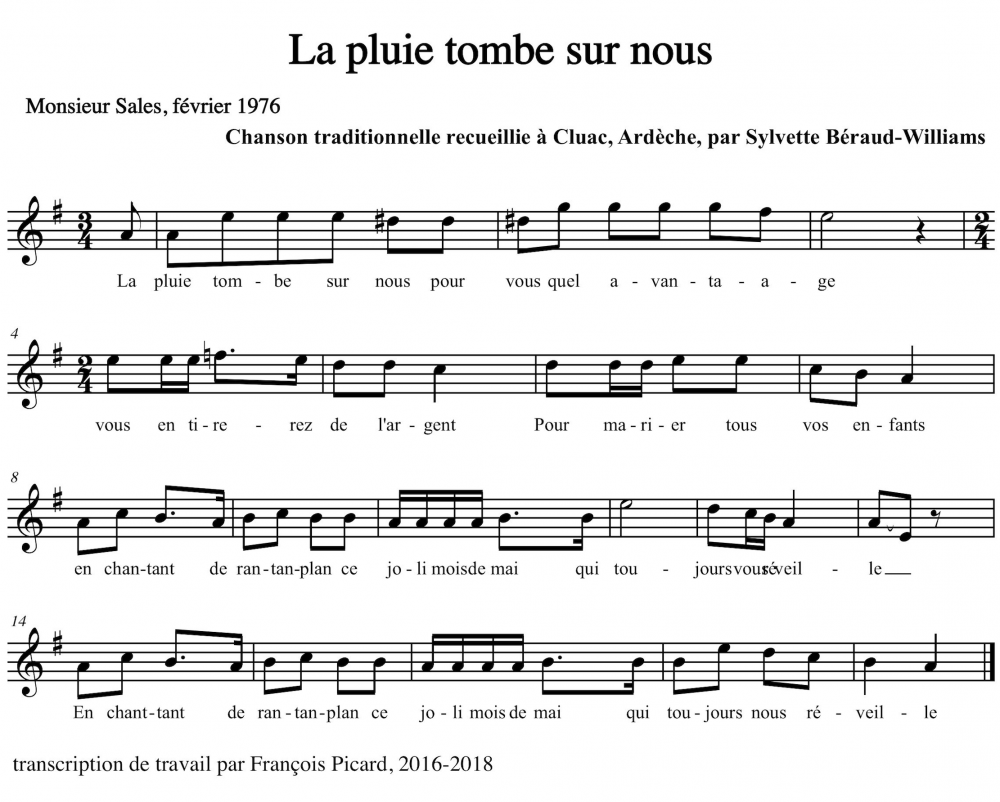 Exemple musical 8 « La pluie tombe sur nous » transcription analytique, sur la
