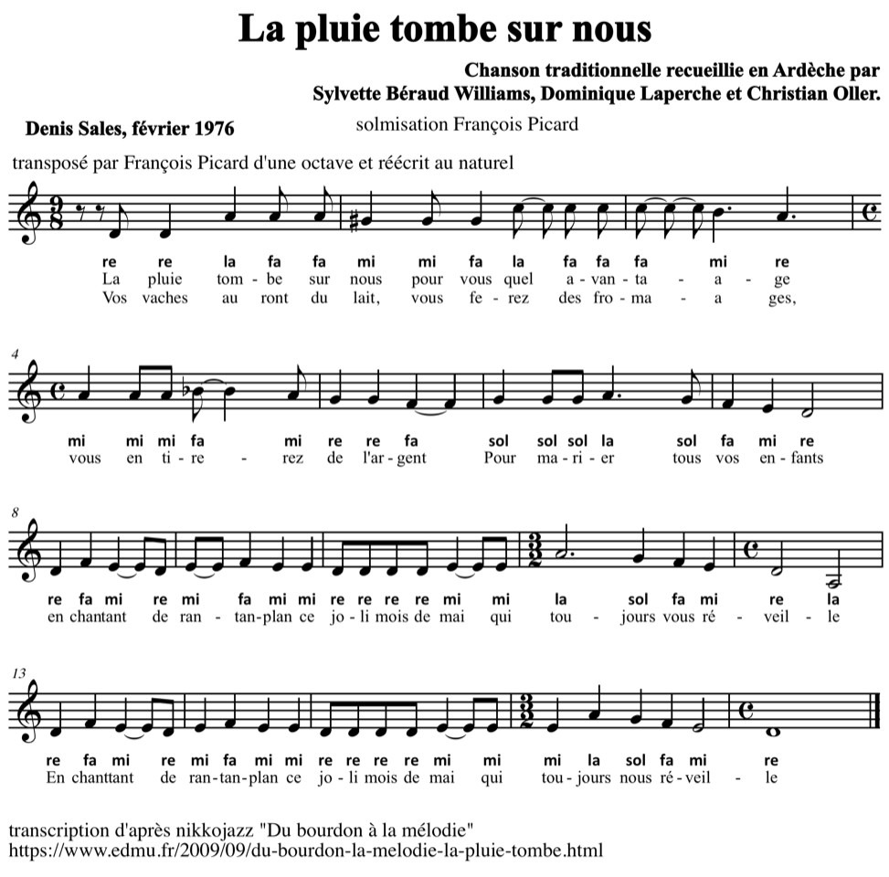 Transcription de François Picard d'après la collecte de Dominique Laperche et Christian Oller  -  « Du bourdon à la mélodie », éducation musicale - by nikkojazz