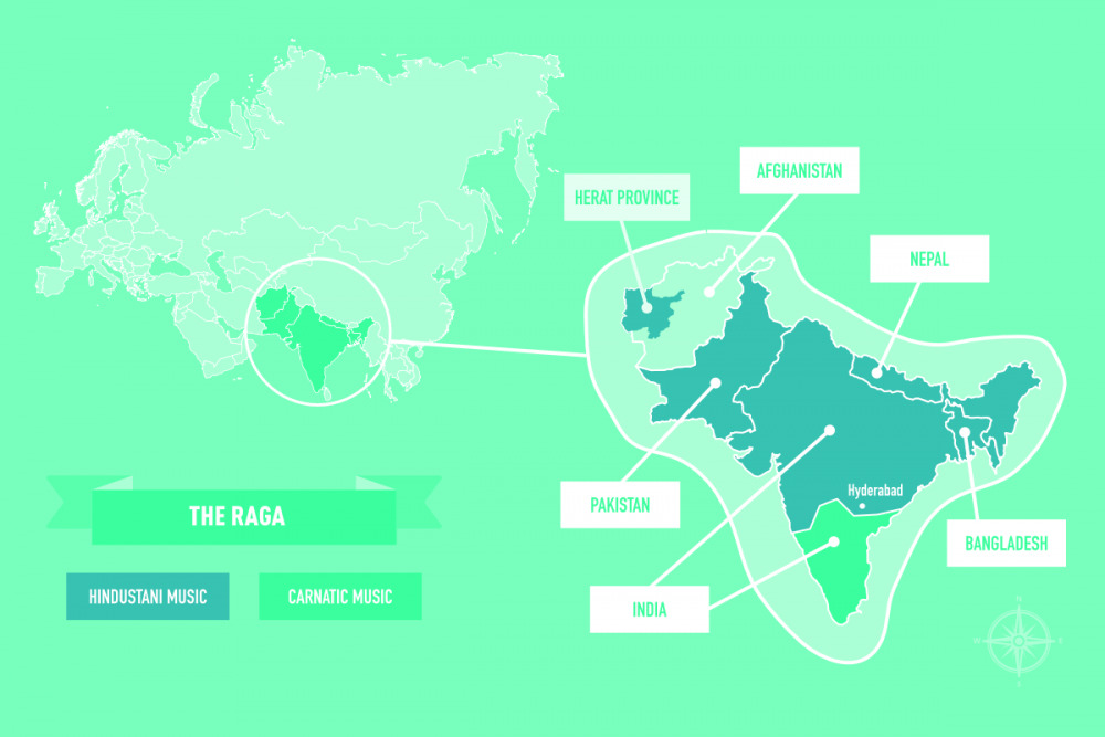 La musique hindoustanie est présente en Inde du Nord, au Pakistan, au Bangladesh, et dans une moindre mesure, dans la région d’Hérat en Afghanistan.