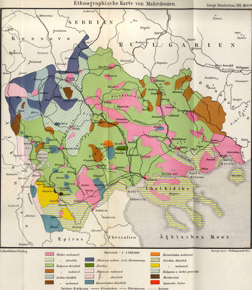 Carte ethnographique de la Macédoine (1899), source Wikipedia, Deutsche Rundschau für Geographie und Statistik Bd. XXI, Heft 10. Auteur : Friedrich Meinhard